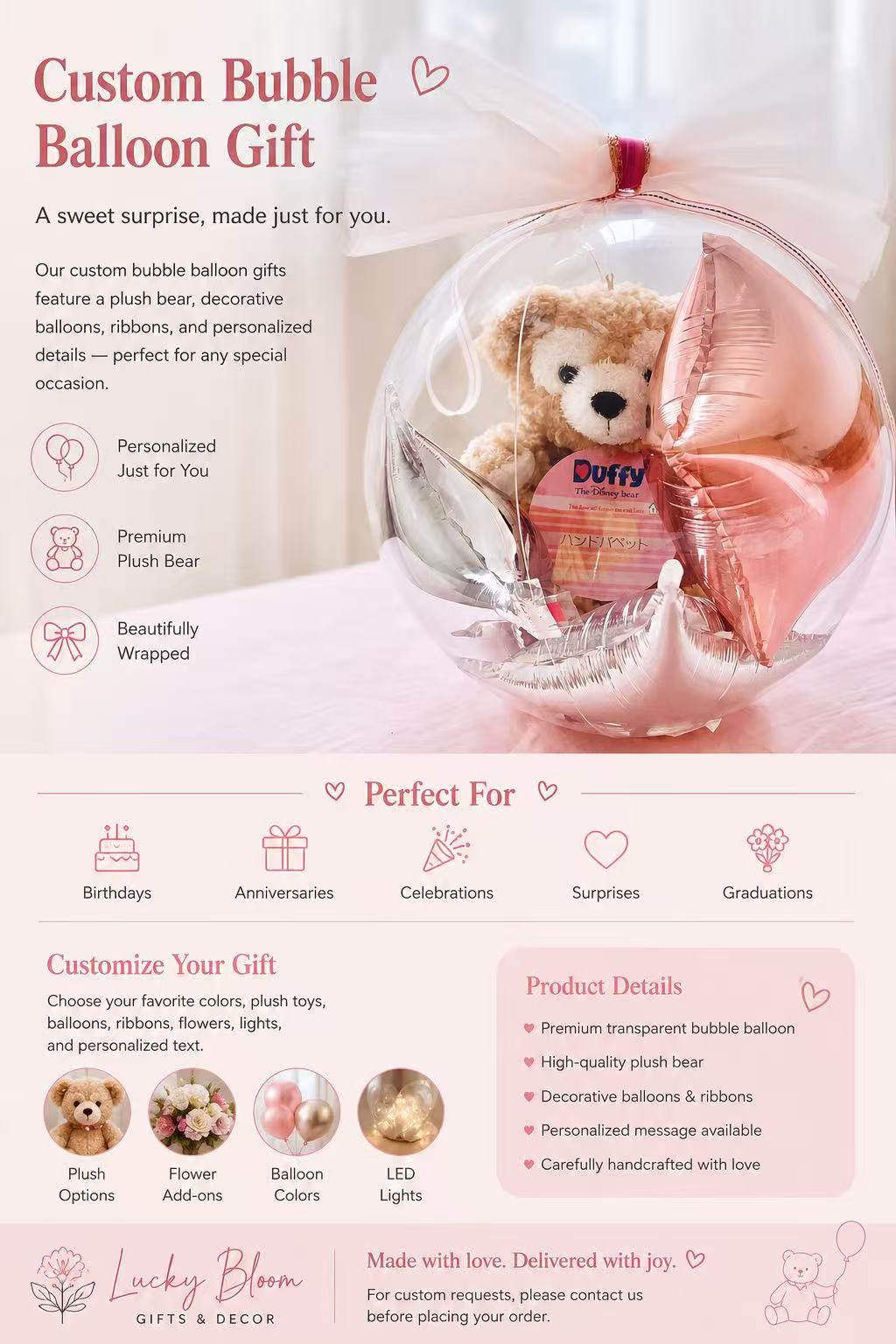 Custom Bubble Balloon Gift with Teddy Bear & LED Lights