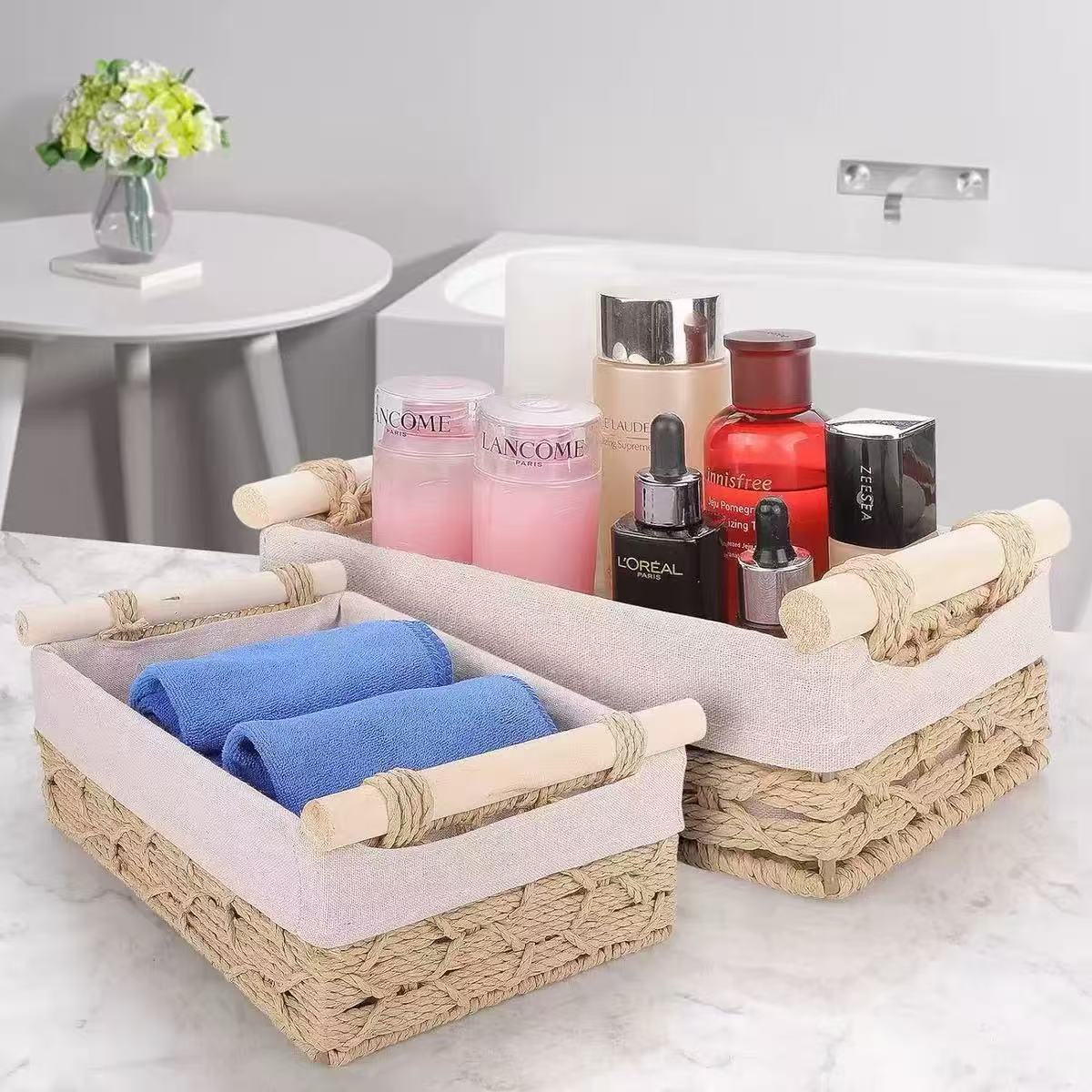 Beige Paper Rope Baskets with Pear Blossom Fabric Liners – Set of 2