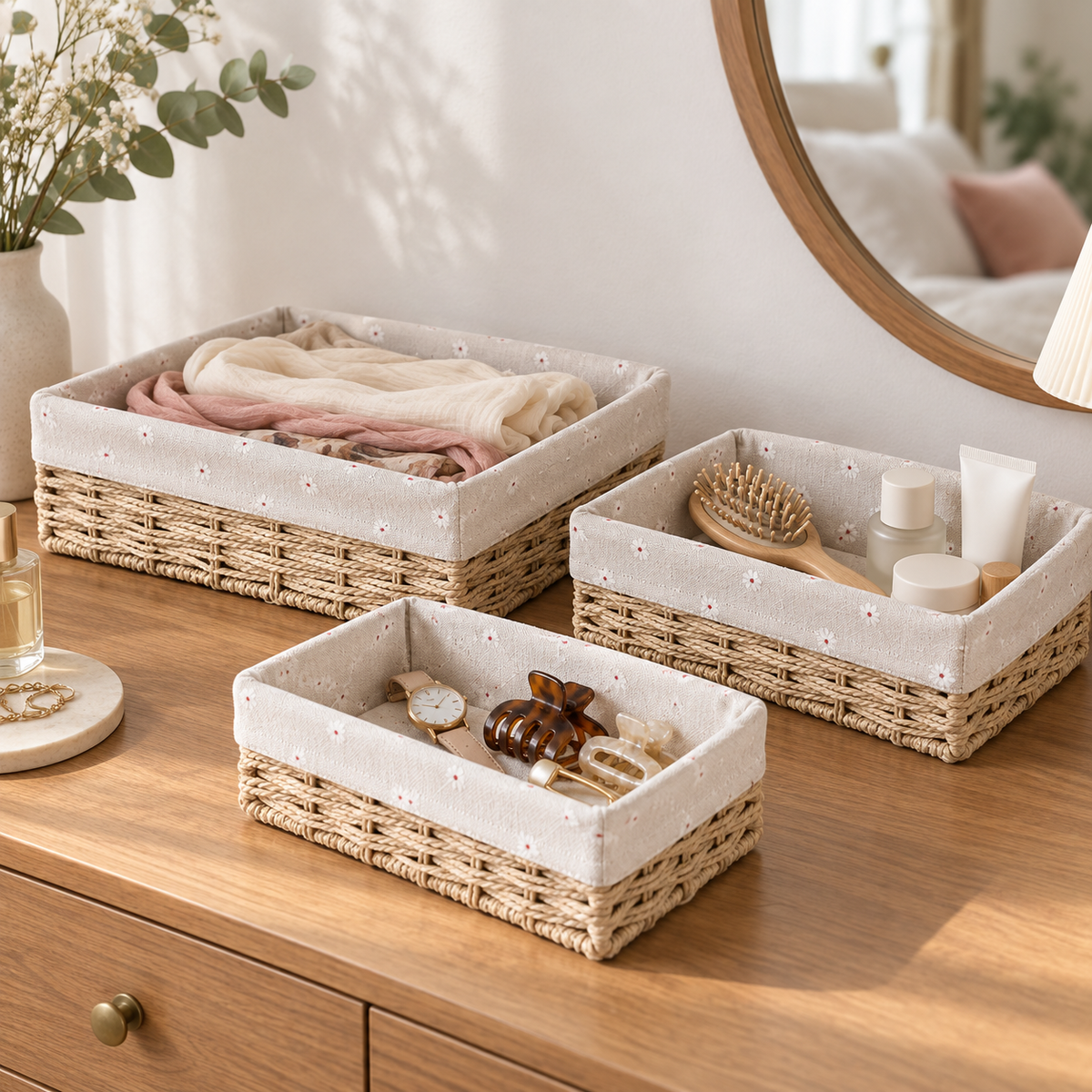Rectangular Paper Rope Storage Trays with Beige Liners - Set of 3