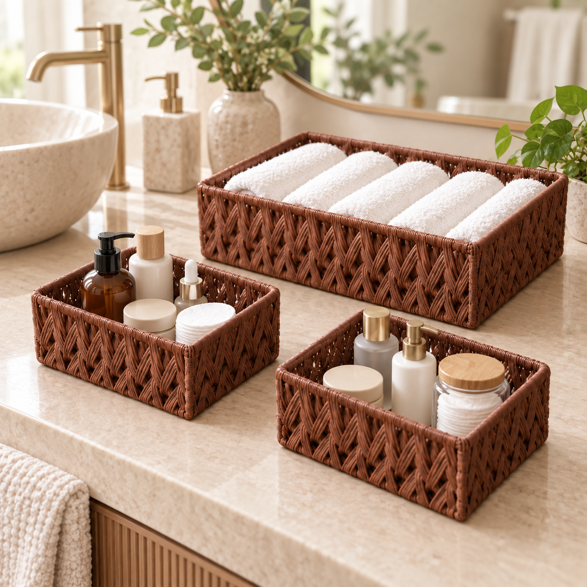 Three-Piece Coffee-Colored Storage Basket Set-3-Piece Set