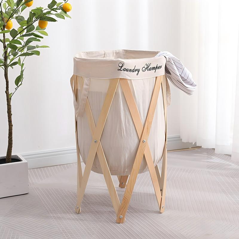 Foldable Pine Frame Laundry Hamper with Beige Canvas Bag