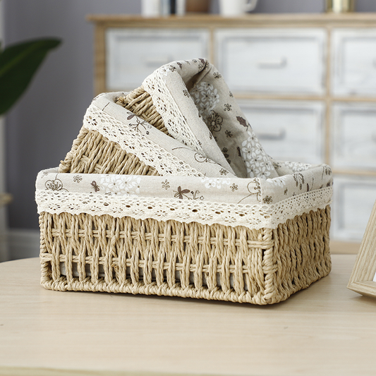 Beige Paper Rope Baskets with Pear Blossom Liners - Set of 3