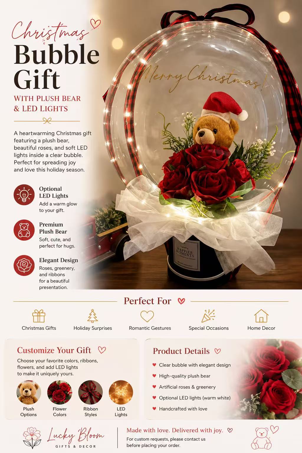 Christmas Bubble Gift with Plush Bear & LED Lights