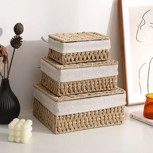 Paper Rope Storage Baskets with Lids and Daisy Liners - Set of 3