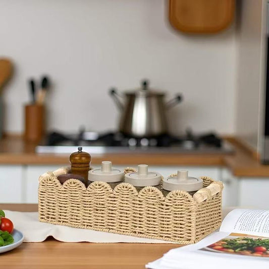 Scalloped Wicker Storage Basket - Large, Beige --6-Scallop Design