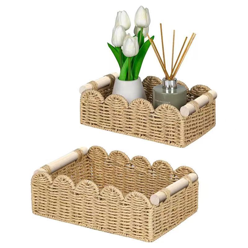 Scalloped Wicker Storage Basket - Large, Beige --6-Scallop Design