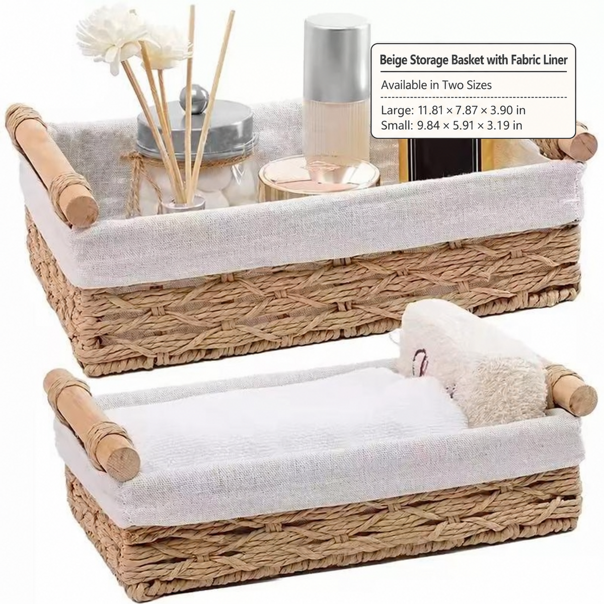 Beige Paper Rope Baskets with Pear Blossom Fabric Liners – Set of 2