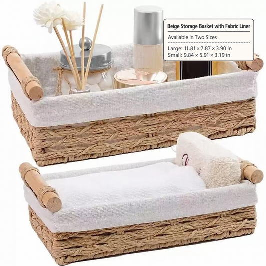 Beige Paper Rope Baskets with Pear Blossom Fabric Liners – Set of 2