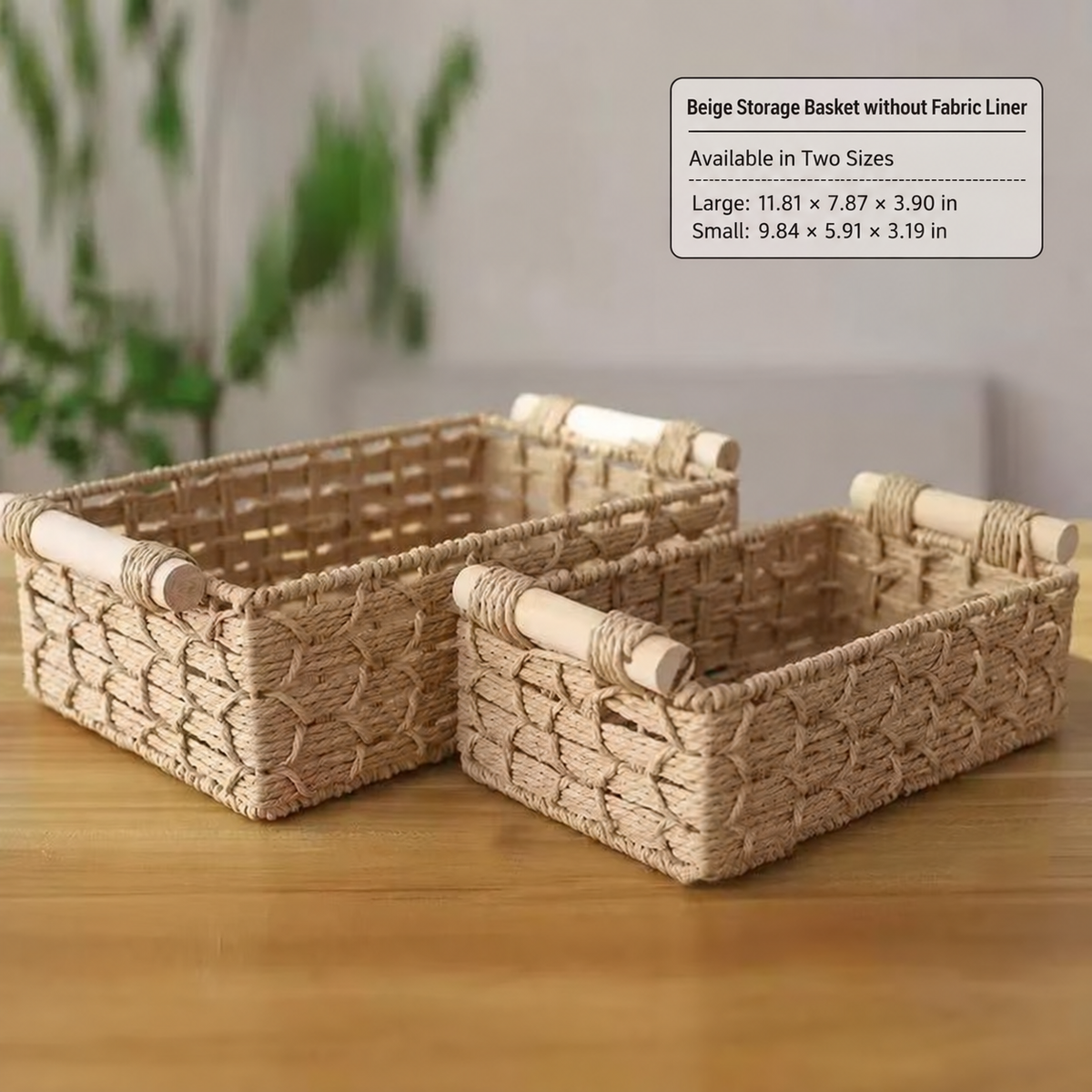 Paper Rope Storage Baskets with Wooden Handles - Set of 2