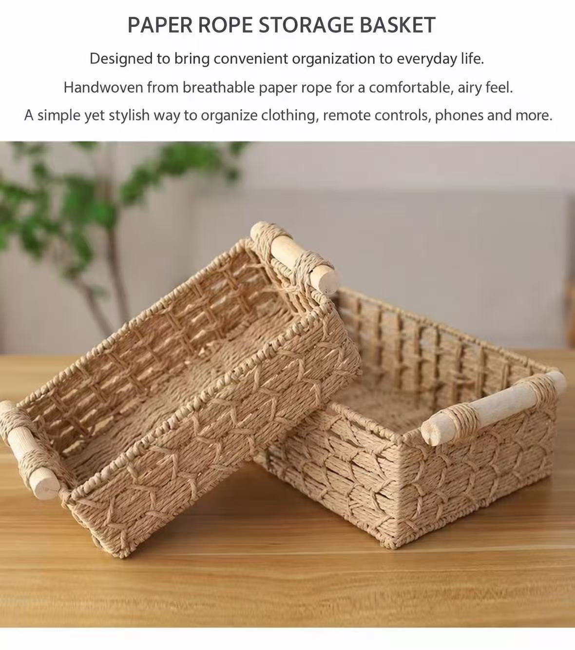 Paper Rope Storage Baskets with Wooden Handles - Set of 2