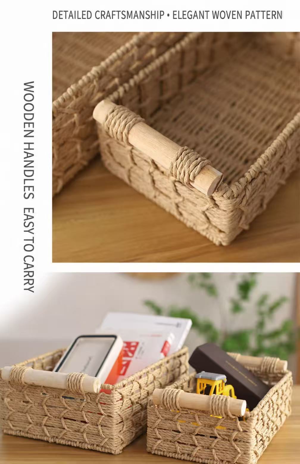 Paper Rope Storage Baskets with Wooden Handles - Set of 2