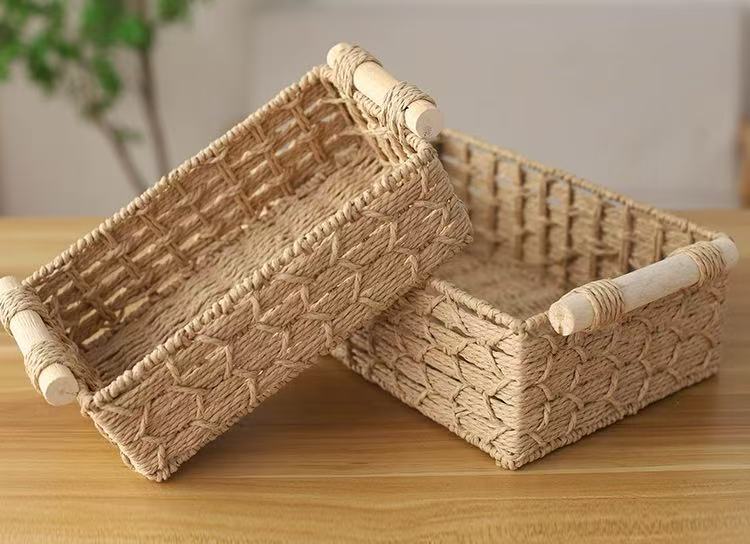 Paper Rope Storage Baskets with Wooden Handles - Set of 2