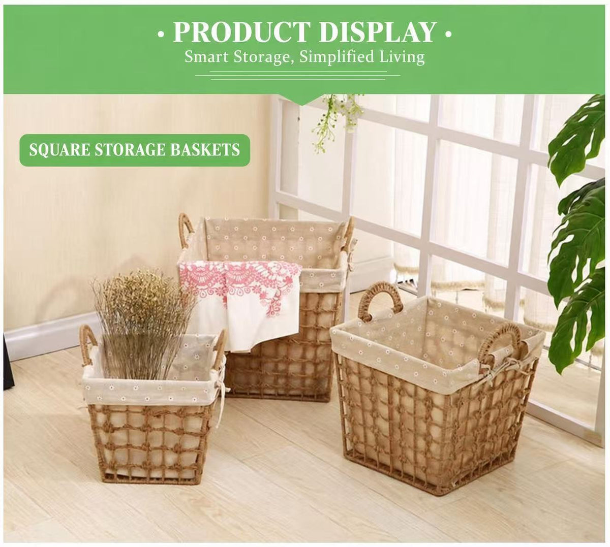 Square Woven Laundry Baskets - Set of 3