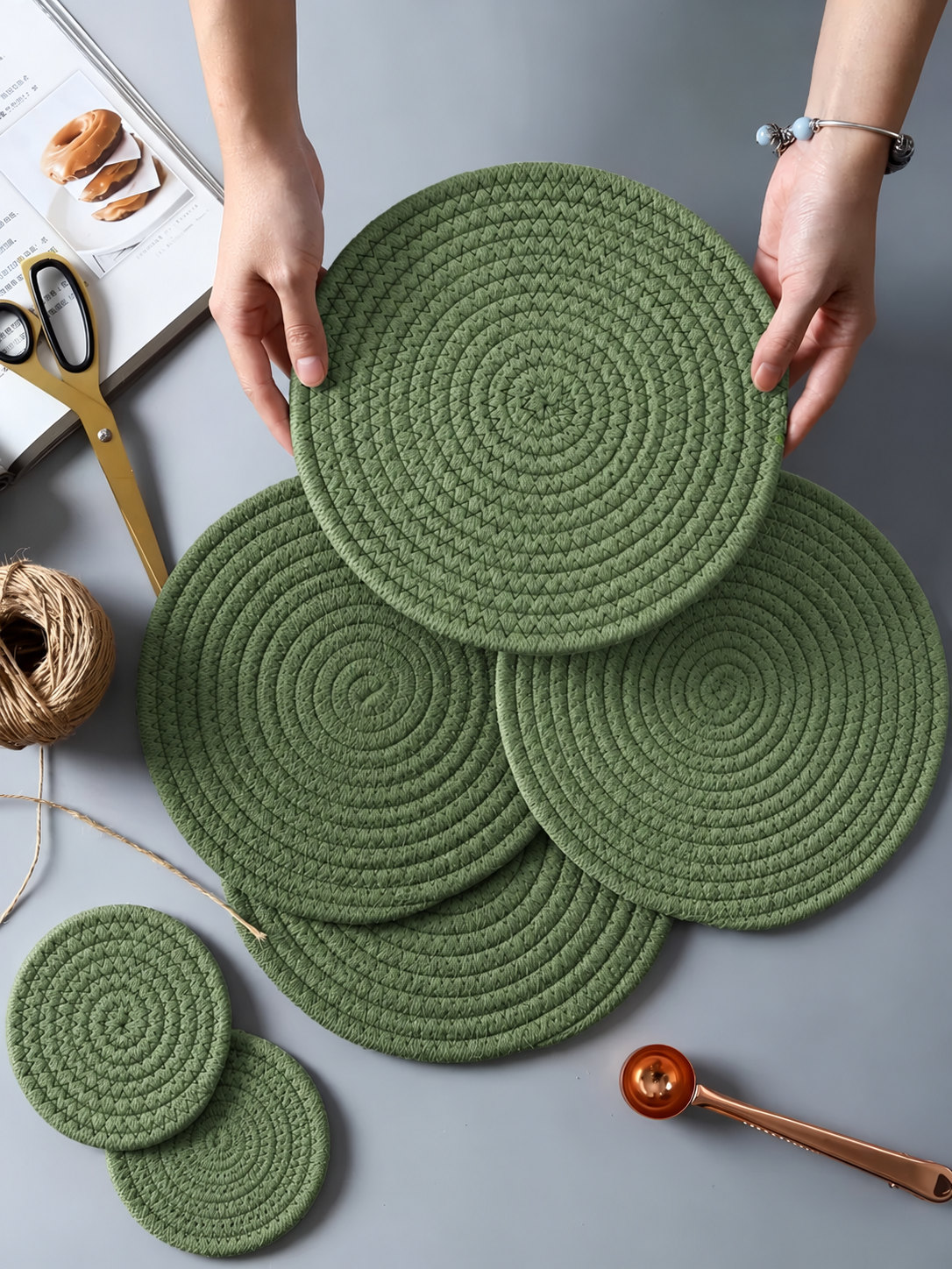 Cotton Rope Placemats -green 12in & 6in , Set of 8