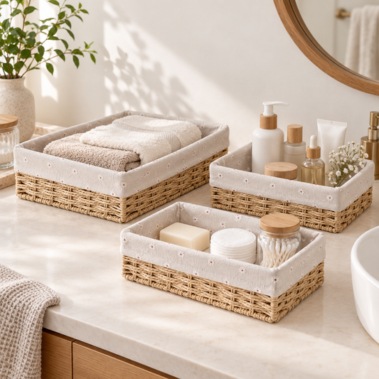 Rectangular Paper Rope Storage Trays with Beige Liners - Set of 3