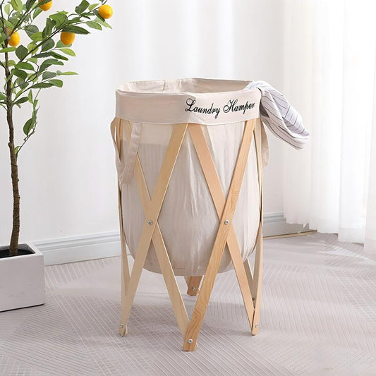 Foldable Pine Frame Laundry Hamper with Beige Canvas Bag