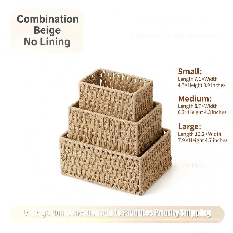 Beige Rectangular Paper Rope Baskets - Unlined, Set of 3