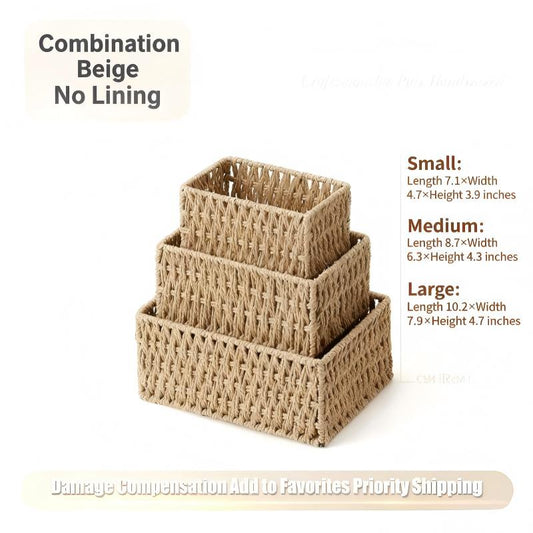 Beige Rectangular Paper Rope Baskets - Unlined, Set of 3