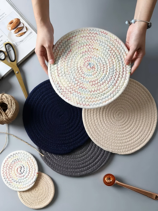 Khaki Cotton Rope Placemats - 35 cm, Set of 8