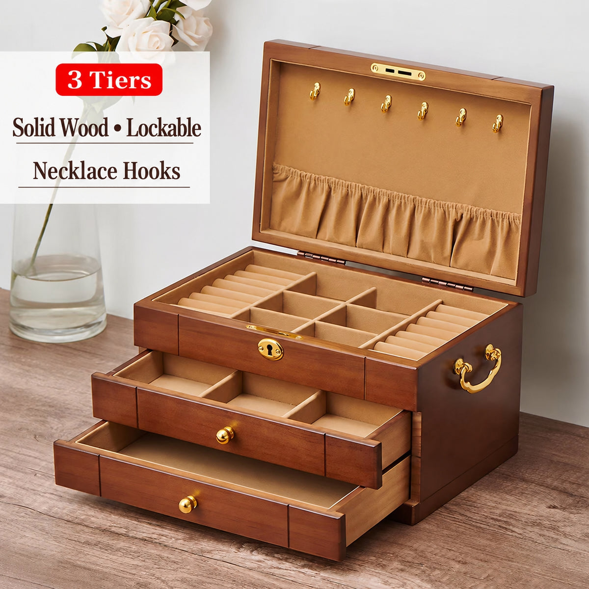 Five-Tier Lockable Pine Jewelry Box
