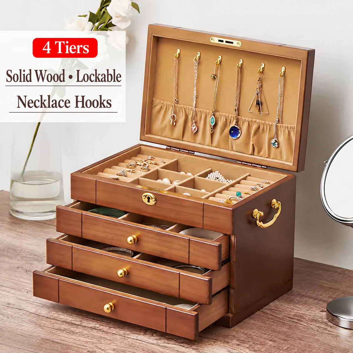 Five-Tier Lockable Pine Jewelry Box